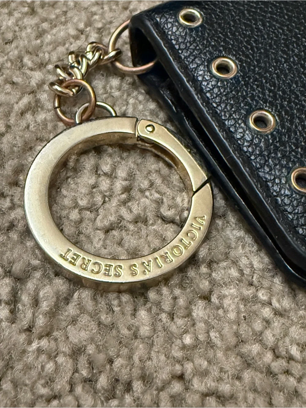Victoria's Secret Black Leather Card Holder Key Ring with Gold Accents
